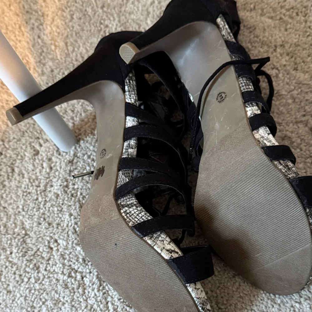 a.n.a Black Strappy Heels with Snakeskin Accent